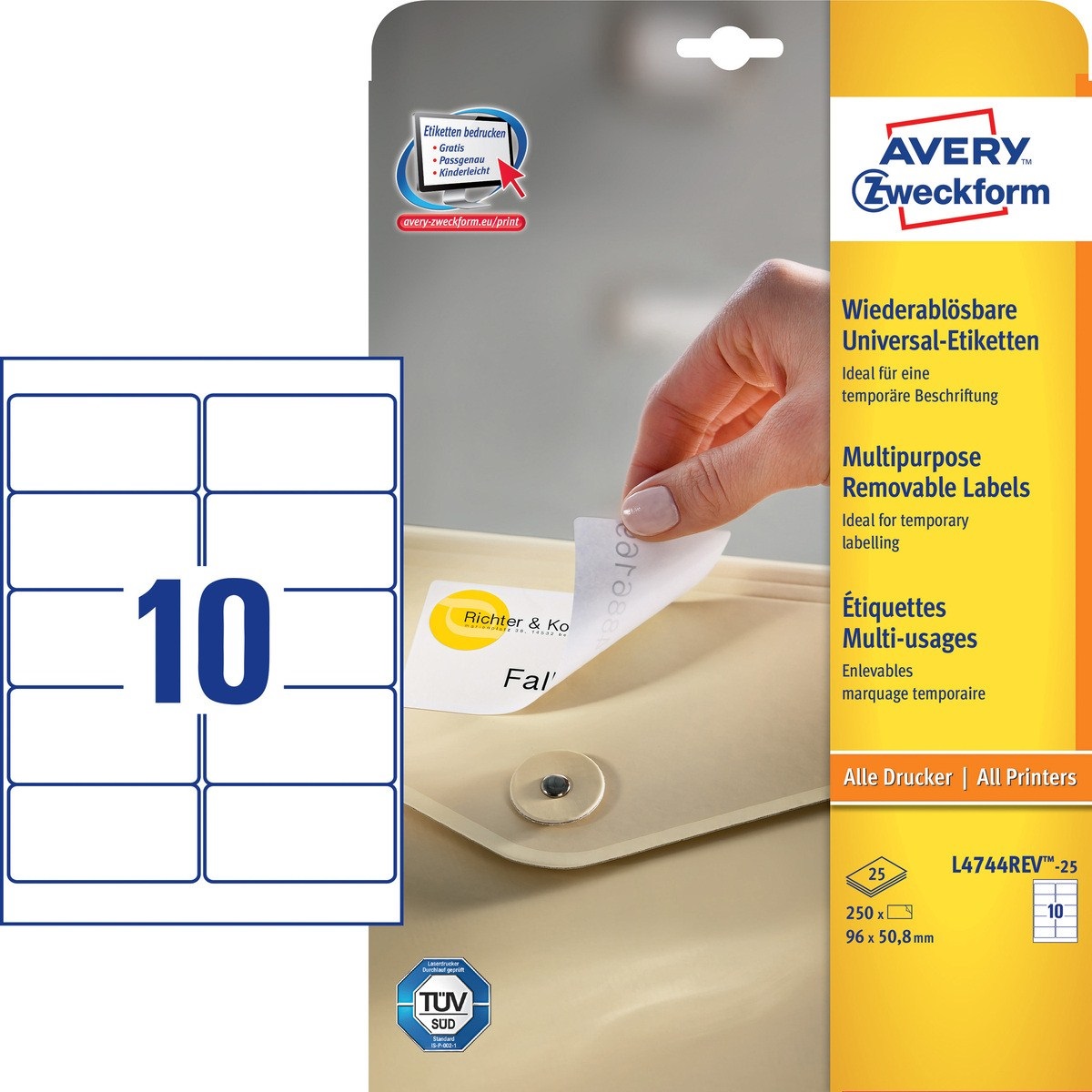 Avery Etichette Bianche Rimovibili 96 x 50,8 mm - 10 Etichette per Foglio - Confezione da 25 Fogli - Compatibili con Stampanti Laser e Inkjet