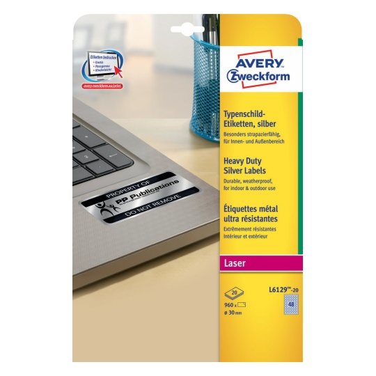 Avery L6129-20 Etichette Adesive Tonde in Poliestere Argento, Diametro 30 mm, 20 Fogli A4, 48 Etichette per Foglio, Adesivo Permanente, Resistenti all'Acqua e agli Strappi