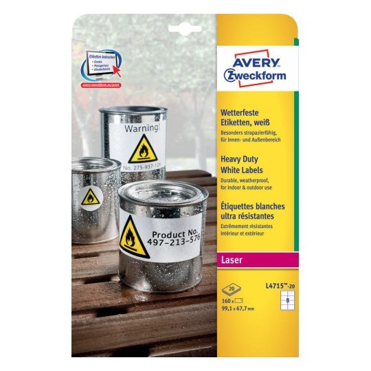 Avery L4715-20 Etichette Permanenti in Poliestere Bianco 99,1 x 67,7 mm - Rettangolari con Angoli Arrotondati - 160 Etichette (20 Fogli, 8 Etichette per Foglio) - Compatibili con Stampanti Laser