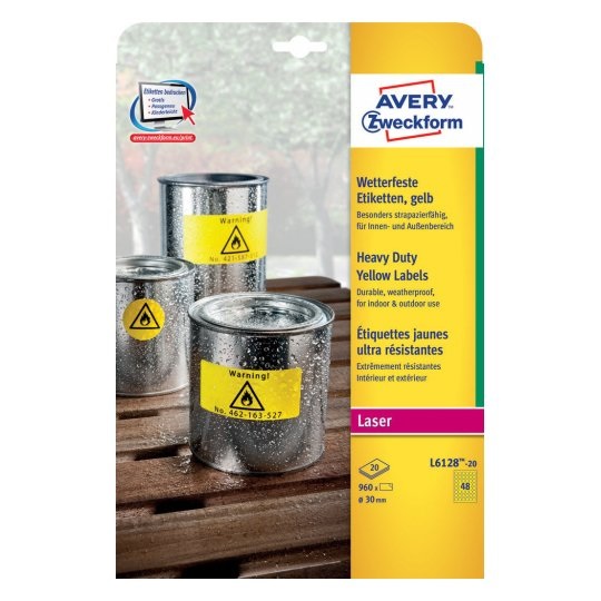 Avery L6128-20 Etichette Permanenti in Poliestere Giallo Ø 30 mm - 48 Etichette per Foglio, 20 Fogli, Compatibili con Stampanti Laser