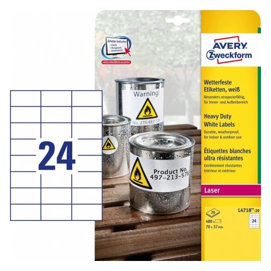 Avery L4718-20 Etichette Adesive Permanenti in Poliestere Bianco 70 x 37 mm - 24 Etichette per Foglio, 20 Fogli, Resistenti all'Acqua e agli Oli