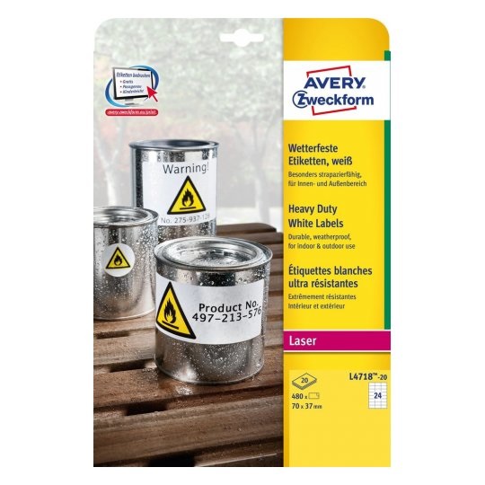 Avery L4718-20 Etichette Adesive Permanenti in Poliestere Bianco 70 x 37 mm - 24 Etichette per Foglio, 20 Fogli, Resistenti all'Acqua e agli Oli