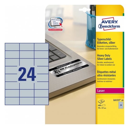 Avery L6133-20 Etichette adesive in poliestere argento 70 x 37 mm - 24 etichette per foglio, confezione da 20 fogli, compatibili con stampanti laser, ultra resistenti e impermeabili
