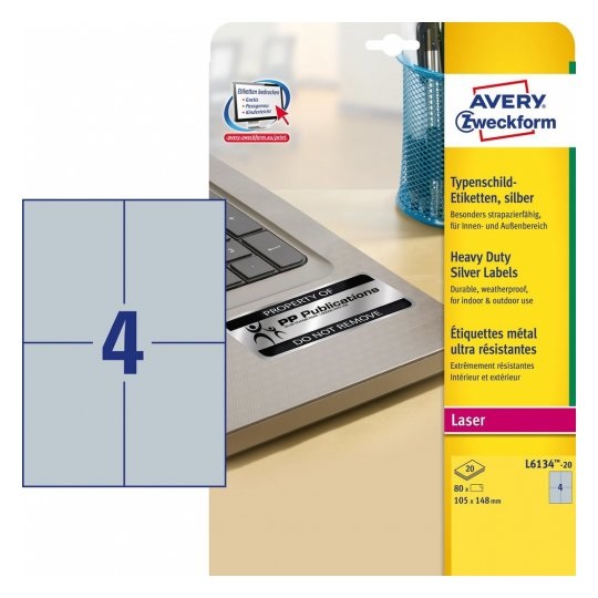 Avery L6134-20 Etichette in Poliestere Argento 105 x 148 mm - Autoadesive, Resistenti all'Acqua e ai Raggi UV, 20 Fogli A4