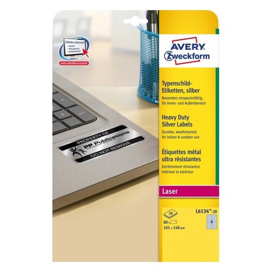 Avery L6134-20 Etichette in Poliestere Argento 105 x 148 mm - Autoadesive, Resistenti all'Acqua e ai Raggi UV, 20 Fogli A4