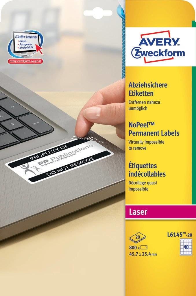 Avery L6145-20 Etichette Antimanomissione Non Rimovibili in Poliestere Bianco 45,7 x 25,4 mm - 800 Pezzi