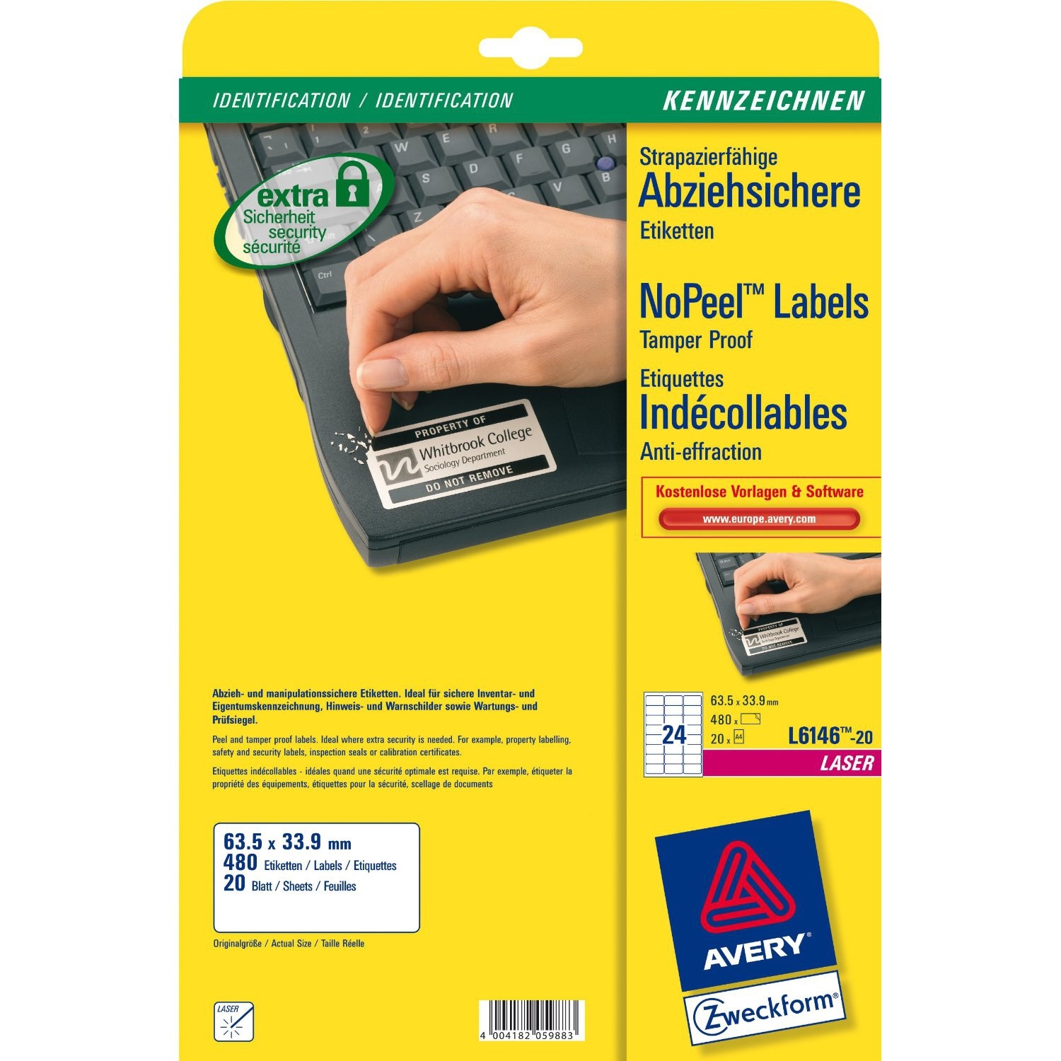 AVERY Etichette Poliestere Adesivo Bianco L6146 - 20 Fogli A4 63,5x33,9mm, Resistenti a Chimici e Temperature Estreme