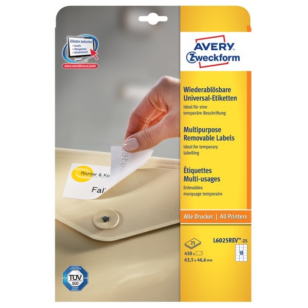 Avery Etichette Bianche Rimovibili 63,5 x 46,6 mm - 18 Etichette per Foglio - Compatibili con Stampanti Laser e Inkjet - Confezione da 25 Fogli