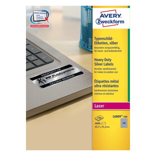 Avery L6009-100 Etichette Ultra Resistenti in Poliestere Argento 45,7 x 21,2 mm - 4800 pz - Autoadesive e Permanenti