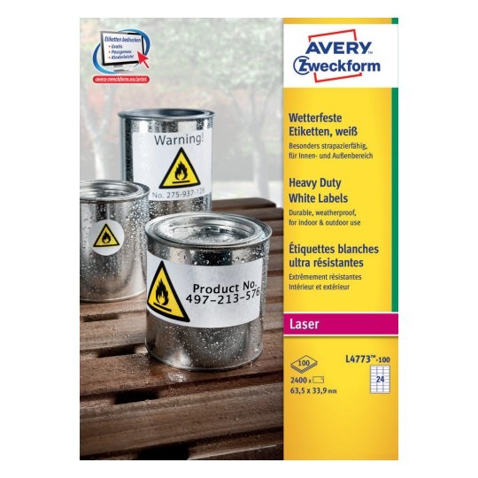 Avery L4773-100 Etichette Adesive in Poliestere Bianco 63,5 x 33,9 mm - 24 Etichette per Foglio - Confezione da 100 Fogli - Impermeabili e Resistenti agli Agenti Atmosferici