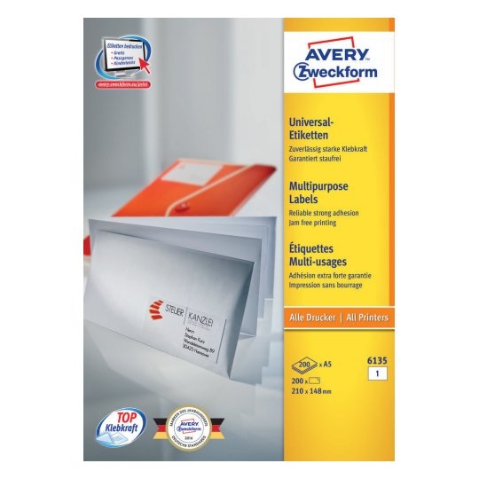Avery 6135 Etichette Adesive Bianche A5 Rettangolo 200 pz - Carta Certificata FSC, Stampabili Laser e Inkjet