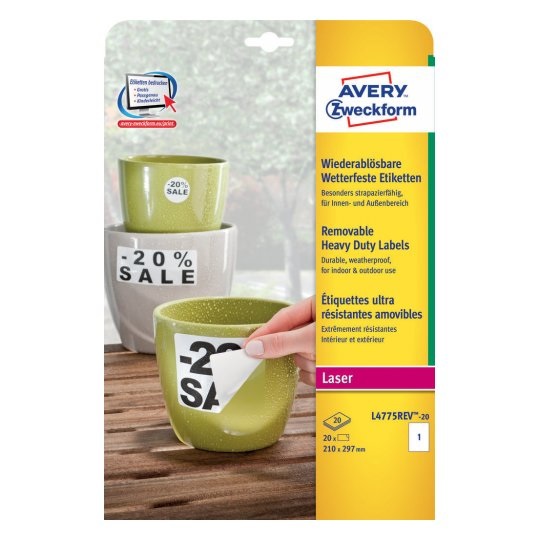 Avery L4775REV-20 Etichette Autoadesive Impermeabili Rettangolo Bianco 210 x 297 mm, 20 Fogli, Permanente