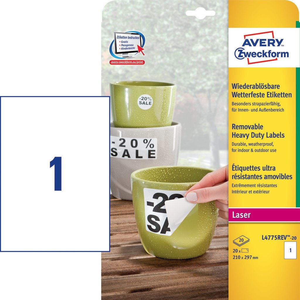 Avery L4775REV-20 Etichette Autoadesive Impermeabili Rettangolo Bianco 210 x 297 mm, 20 Fogli, Permanente