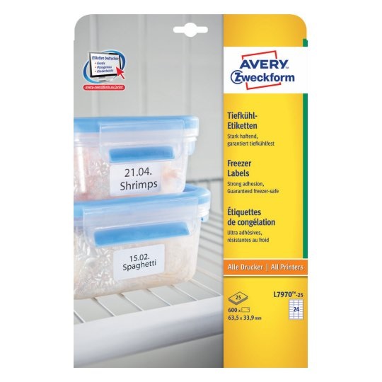 Avery L7970-25 Etichette Freezer Autoadesive Bianche 63,5x33,9 mm Rettangolo con Angoli Arrotondati - 600 pz