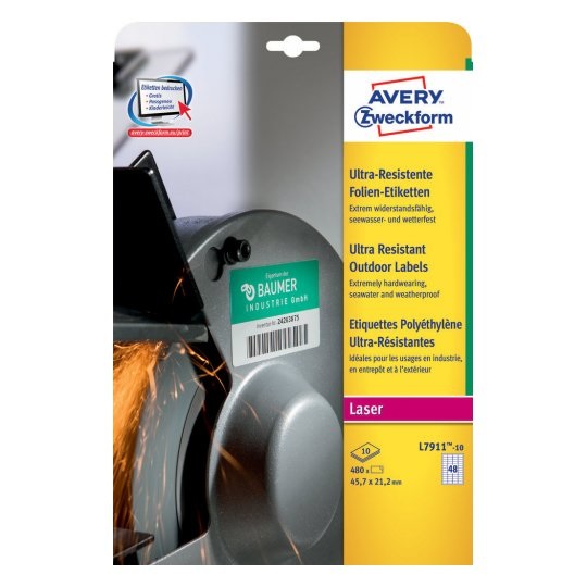Avery L7911-10 Etichette Ultra Resistenti in Polietilene Flessibile, 45.7 x 21.2 mm, Bianco, 10 Fogli, 48 Etichette per Foglio, per Stampanti Laser