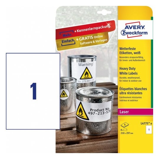 Avery Etichette Adesive in Poliestere Bianco A4 210x297mm - Resistenti all'Acqua e agli Agenti Atmosferici - 8 Fogli