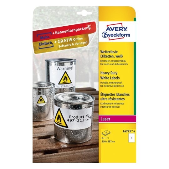 Avery Etichette Adesive in Poliestere Bianco A4 210x297mm - Resistenti all'Acqua e agli Agenti Atmosferici - 8 Fogli