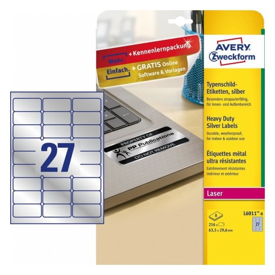 Avery Etichette Adesive in Poliestere Argento L6011-8, 63.5x29.6mm, 216 Etichette, Resistenti all'Acqua e ai Raggi UV