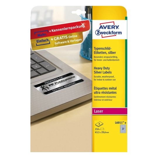 Avery Etichette Adesive in Poliestere Argento L6011-8, 63.5x29.6mm, 216 Etichette, Resistenti all'Acqua e ai Raggi UV