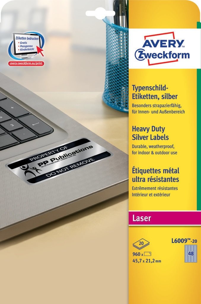 Avery Etichette in Poliestere Argento L6009 - Adesive Permanenti per Stampanti Laser - 45,7 x 21,2 mm - 48 Etichette per Foglio - 20 Fogli A4