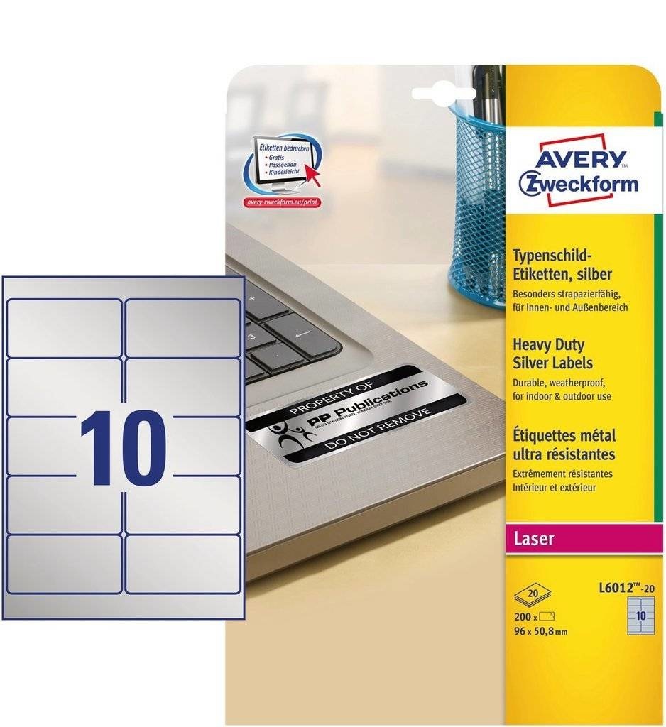 Avery L6012-20 Etichette adesive in poliestere argento, 96x50,8mm, 10 etichette per foglio, confezione da 20 fogli, 200 etichette totali, compatibili con stampanti laser