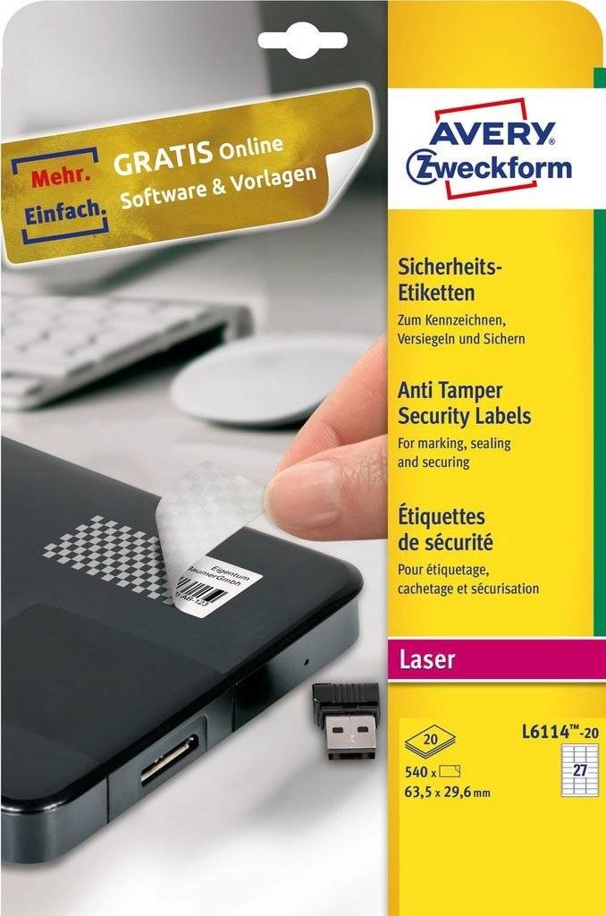 Avery L6114-20 Etichette Adesive Antimanomissione in Poliestere Bianco, 63,5 x 29,6 mm, 27 Etichette per Foglio, 20 Fogli A4, Adesivo Permanente per Stampanti Laser