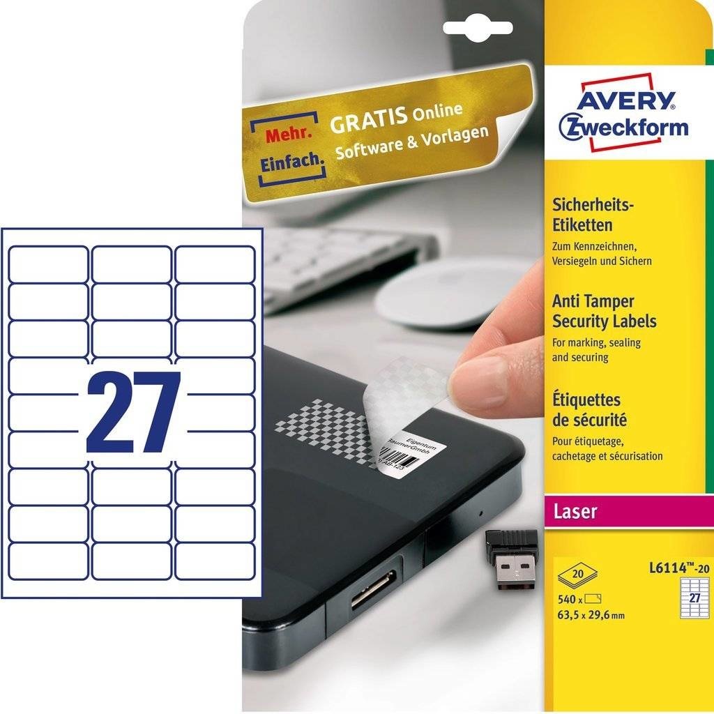 Avery L6114-20 Etichette Adesive Antimanomissione in Poliestere Bianco, 63,5 x 29,6 mm, 27 Etichette per Foglio, 20 Fogli A4, Adesivo Permanente per Stampanti Laser