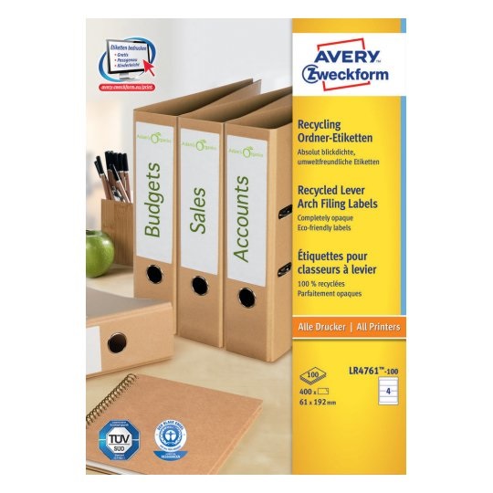 Avery Etichette Autoadesive in Carta Riciclata Bianco 38 x 192 mm con Angoli Arrotondati, Adesivo Permanente, 100 Fogli, Compatibili con Stampanti Laser
