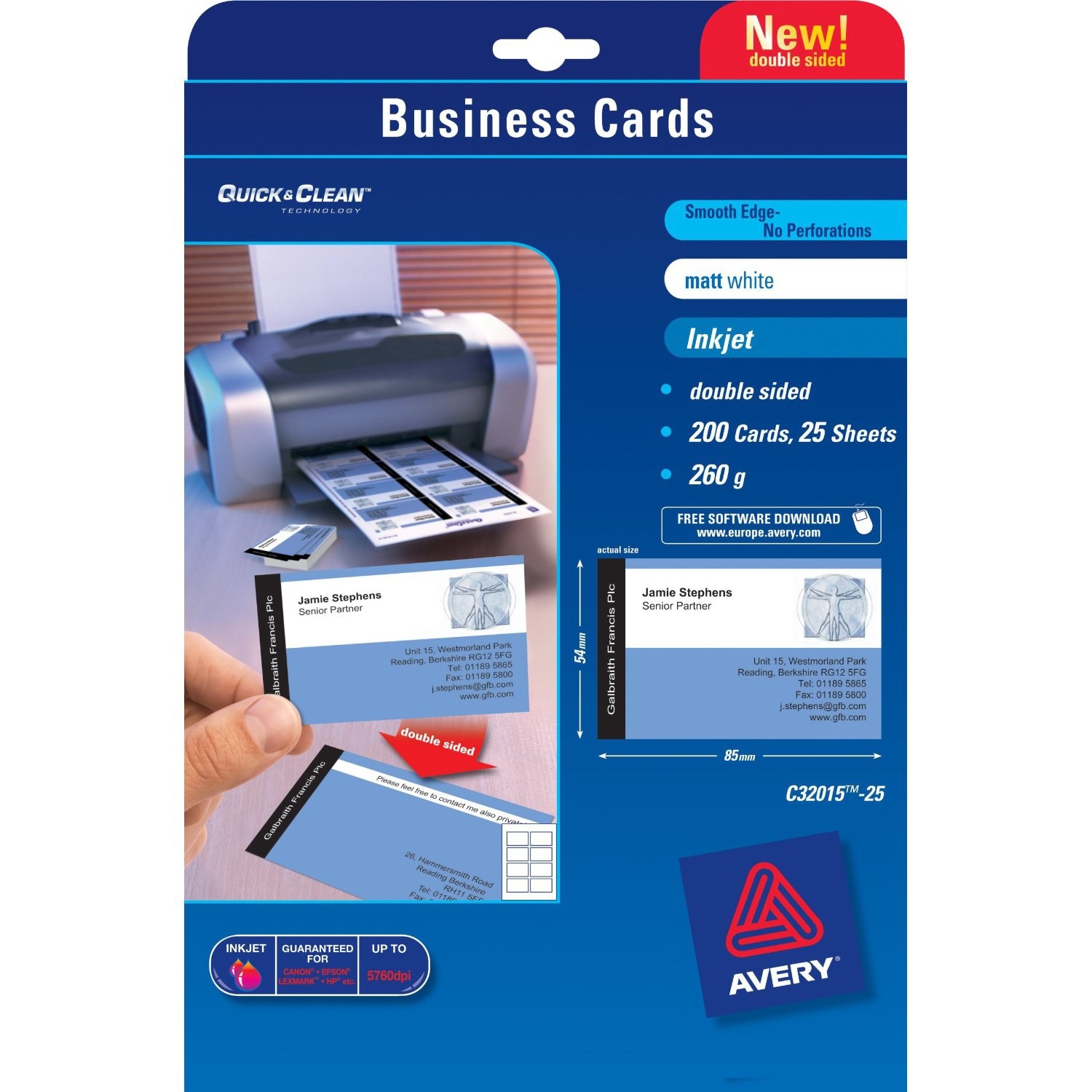 Avery Biglietti da Visita Personalizzabili Quick&Clean™ 85 x 54 mm - Confezione da 25 Fogli (200 Biglietti) - Carta Bianca Satinata 220 g/m² per Inkjet e Laser