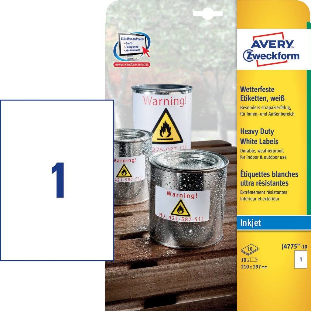 Avery J4775-10 Etichette Permanenti in Poliestere Bianche 210x297 mm - 10 Fogli per Stampanti Inkjet