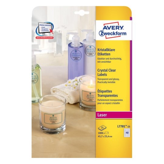 Avery L7781-25 Etichette Trasparenti Lucide in Poliestere Rettangolari 45,7x25,4 mm - Adesivo Permanente - 1000 pz