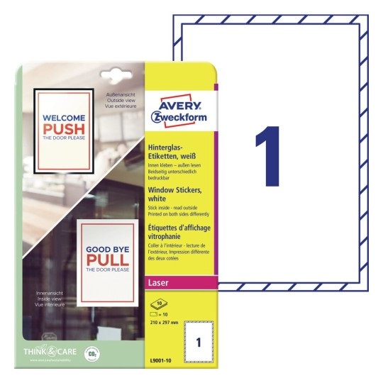 Avery Etichette Adesive per Finestre - Carta con Pellicola - 210 x 297 mm - Laser - Rimovibili - Confezione da 10 Fogli - Bianco