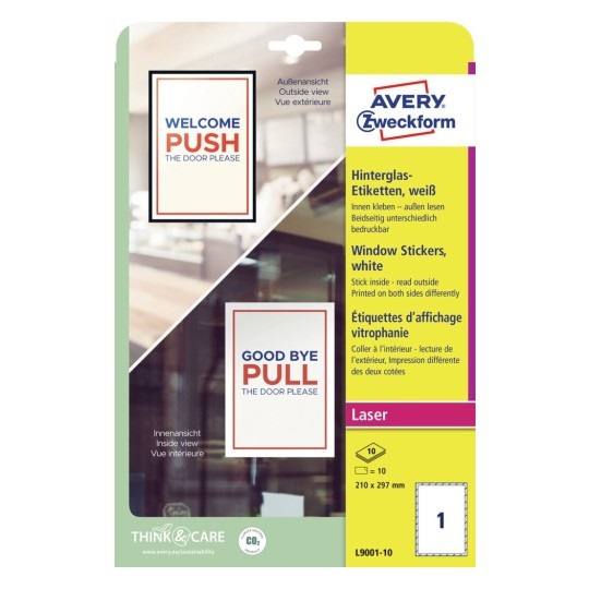 Avery Etichette Adesive per Finestre - Carta con Pellicola - 210 x 297 mm - Laser - Rimovibili - Confezione da 10 Fogli - Bianco