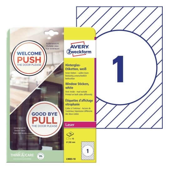 Avery Etichette Adesive per Finestre Ø200mm in Carta con Pellicola - Rimovibili, Finitura Opaca, Confezione da 10 Fogli