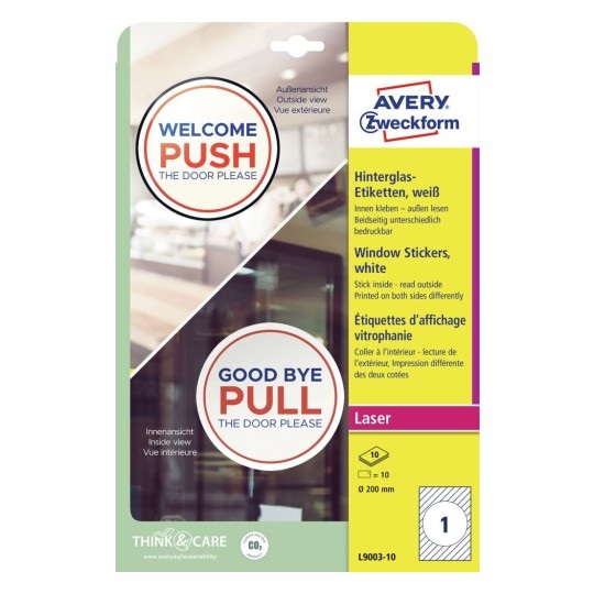 Avery Etichette Adesive per Finestre Ø200mm in Carta con Pellicola - Rimovibili, Finitura Opaca, Confezione da 10 Fogli