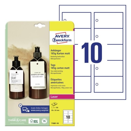 Avery Cartellini Micro-Perforati Bianchi 80x50mm in Cartoncino da 185gr, Stampa Laser Fronte e Retro, Con Cordoncino Incluso, Confezione da 10 Fogli