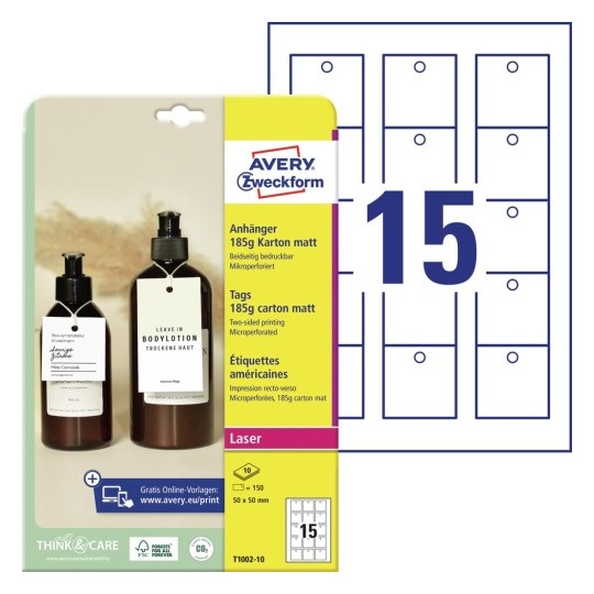 Avery Cartellini Micro-Perforati Bianchi in Cartoncino da 185g, Formato 90x50mm, Stampabili su Due Lati, Con Cordoncino Incluso, Confezione da 100 Pz