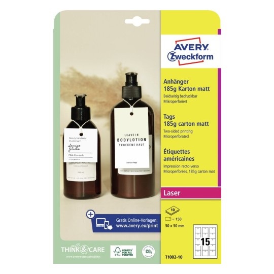 Avery Cartellini Micro-Perforati Bianchi in Cartoncino da 185g, Formato 90x50mm, Stampabili su Due Lati, Con Cordoncino Incluso, Confezione da 100 Pz