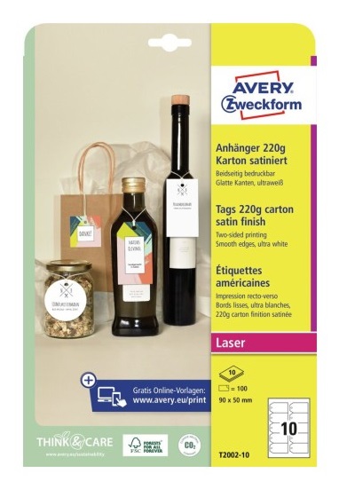 Avery Cartellini Stampabili in Cartoncino da 220gr, 90x50mm, Bordi Lisci, Certificati FSC, Con Cordoncini Inclusi, Confezione da 10 Fogli