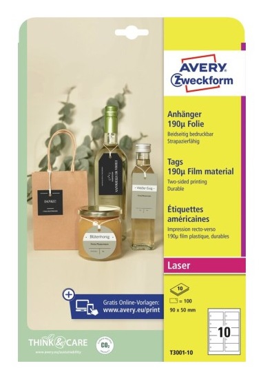 Avery Cartellini Stampabili Resistenti in Plastica 190µ - Formato 90x50mm - 10 Cartellini per Foglio - Stampa Laser Fronte e Retro - Con Cordoncino Incluso - Confezione da 10 Fogli - Bianco