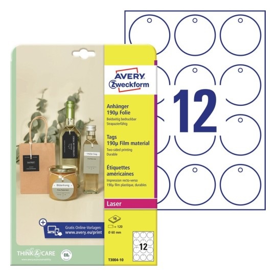 Avery Cartellini Ultraresistenti in Plastica 190µ Ø60mm - 12 Cartellini per Foglio, Stampa Laser Fronte e Retro, Cordoncini Inclusi, Confezione da 10 Fogli
