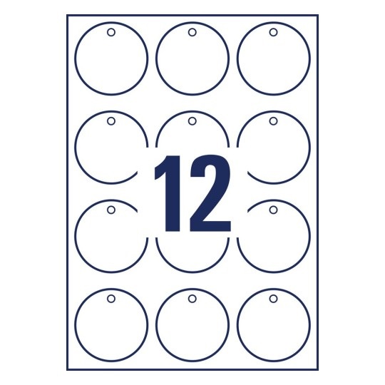 Avery Cartellini Ultraresistenti in Plastica 190µ Ø60mm - 12 Cartellini per Foglio, Stampa Laser Fronte e Retro, Cordoncini Inclusi, Confezione da 10 Fogli