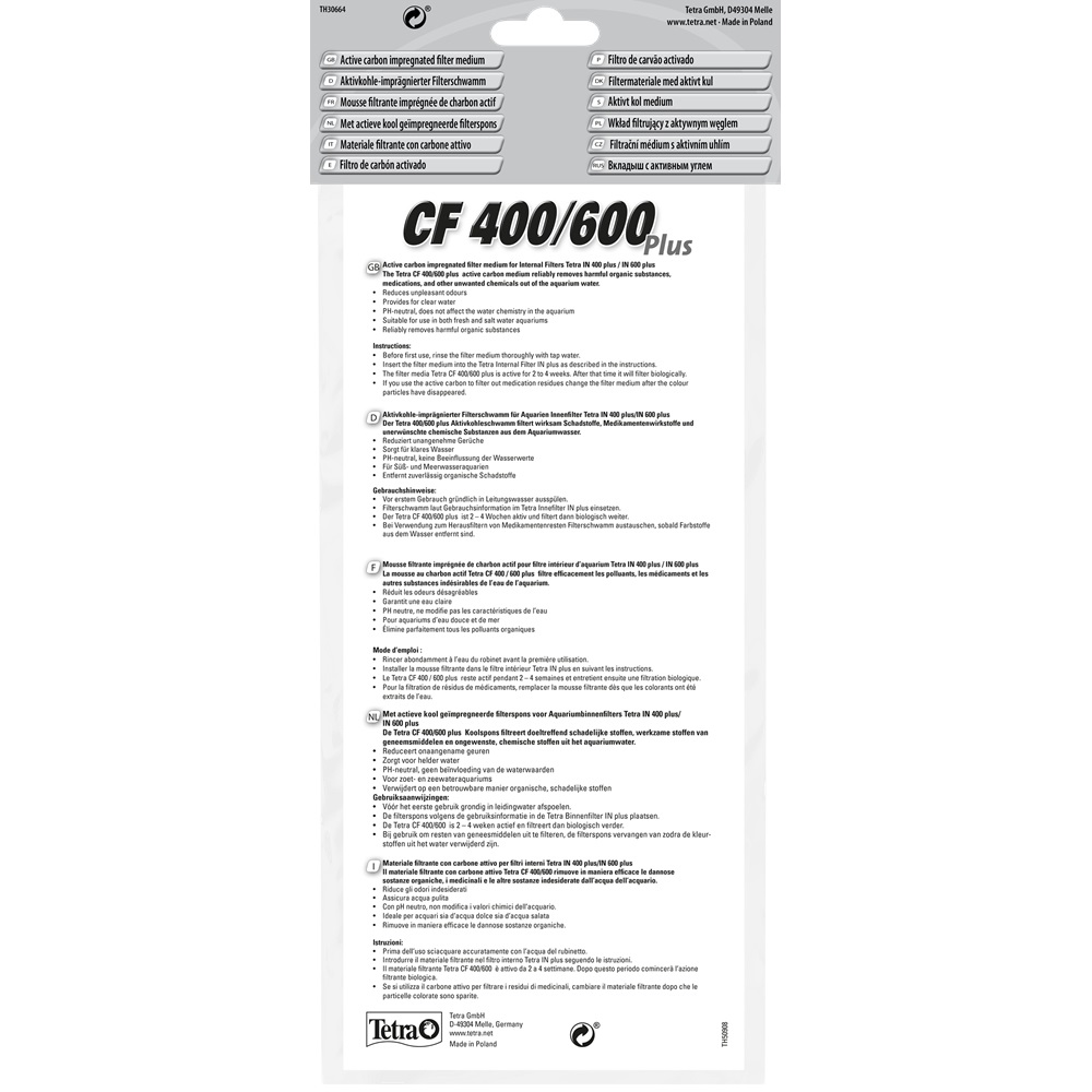 Tetra CF 400/600 Spugna Carbone Attivo - 2 Pezzi, 24 gr, Riduce Odori e Purifica l'Acqua