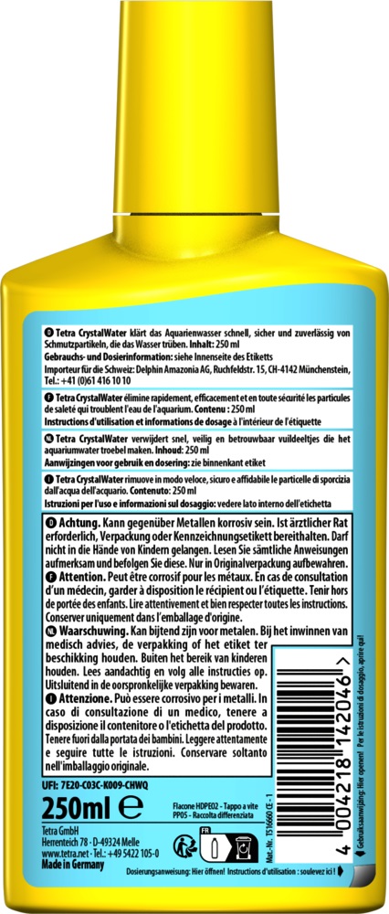 Tetra CrystalWater 250 ml - Biocondizionatore per Acquari, Elimina Rapidamente l'Intorbidimento e Rende l'Acqua Cristallina