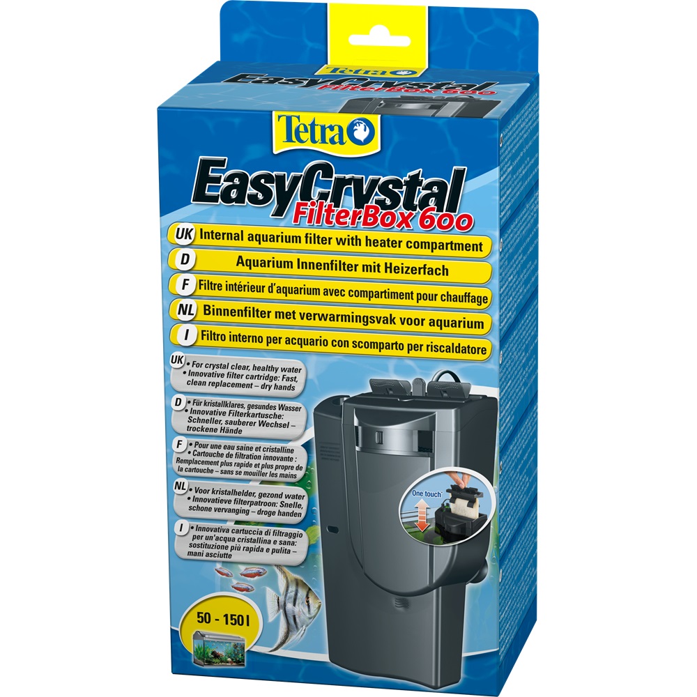 Tetra EasyCrystal FilterBox 600 - Filtro Interno per Acquari da 50 a 150 Litri con Scomparto per Termo Riscaldatore, Filtrazione Meccanica, Biologica e Chimica, Pompa da 600 L/h