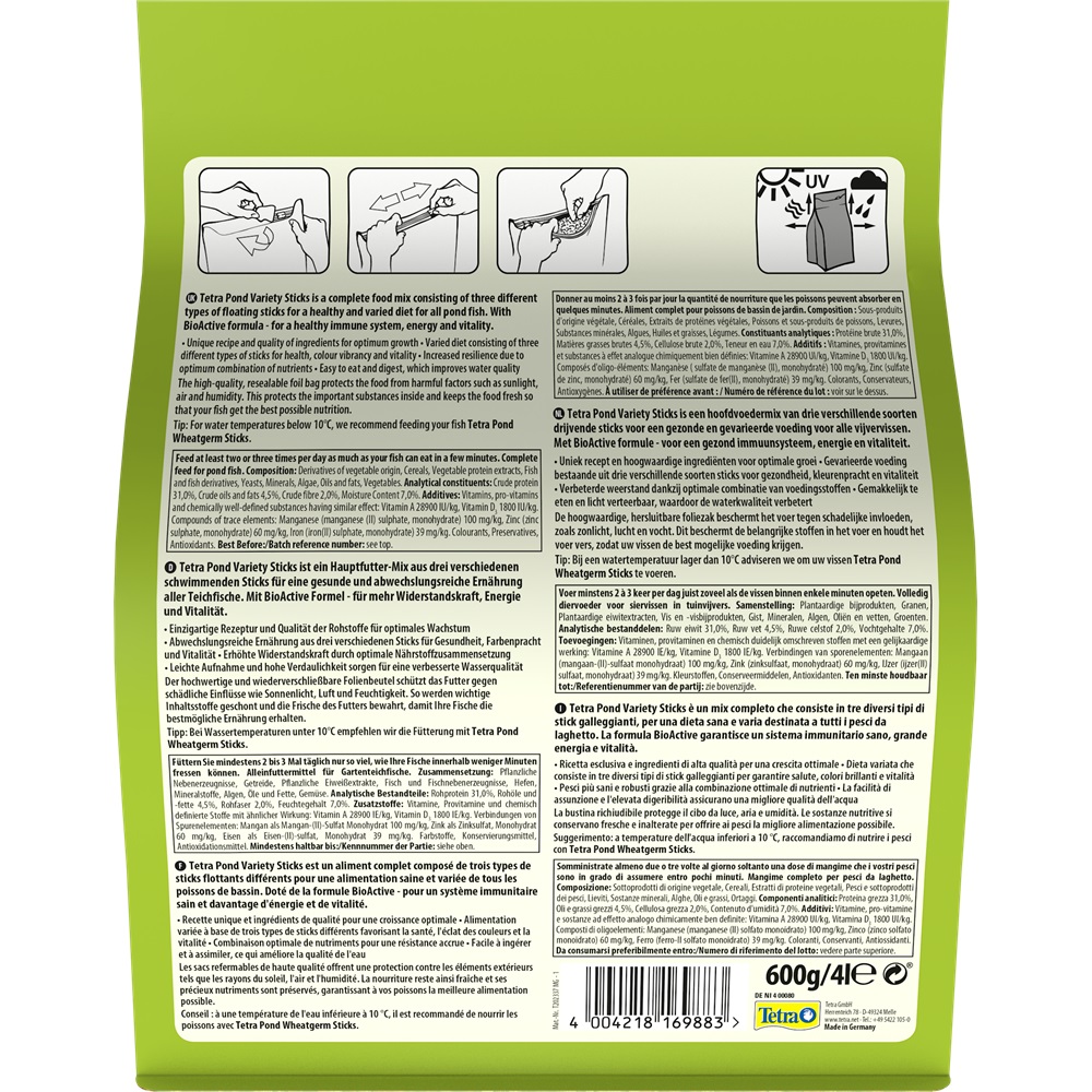 Tetra Pond Variety Sticks 1L - Cibo completo in stick per pesci da laghetto, miscela di tre tipi, nutriente e colorante