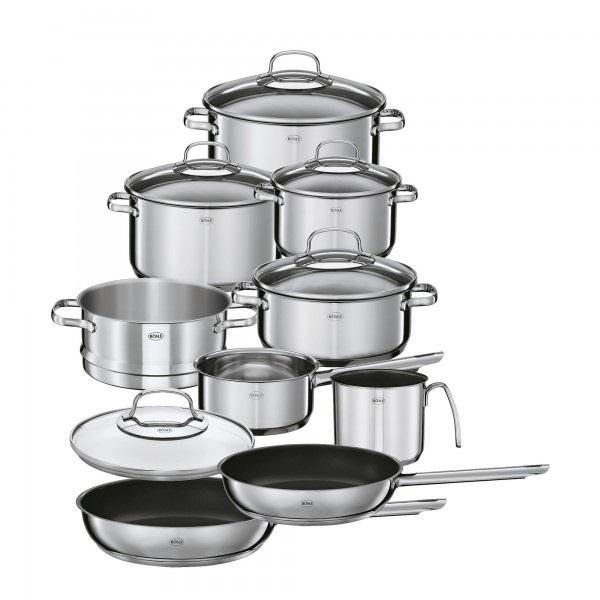 RÖSLE Elegance Set di Pentole 10 pz in Acciaio Inox 18/10 con 6 Pentole, 1 Inserto per Cottura a Vapore e 2 Padelle, Adatto per Lavastoviglie e Piani Cottura a Induzione