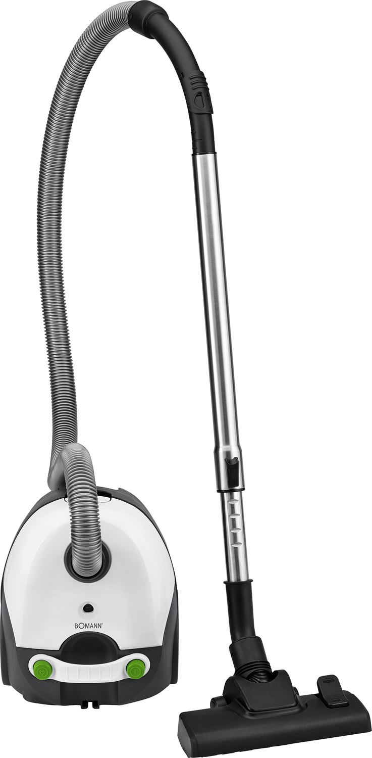 Bomann BS 9019 CB N - Aspirapolvere a Battente 700 W con Sacchetto, Spazzola Reversibile e Tubo Telescopico in Acciaio Inox, Bianco/Grigio