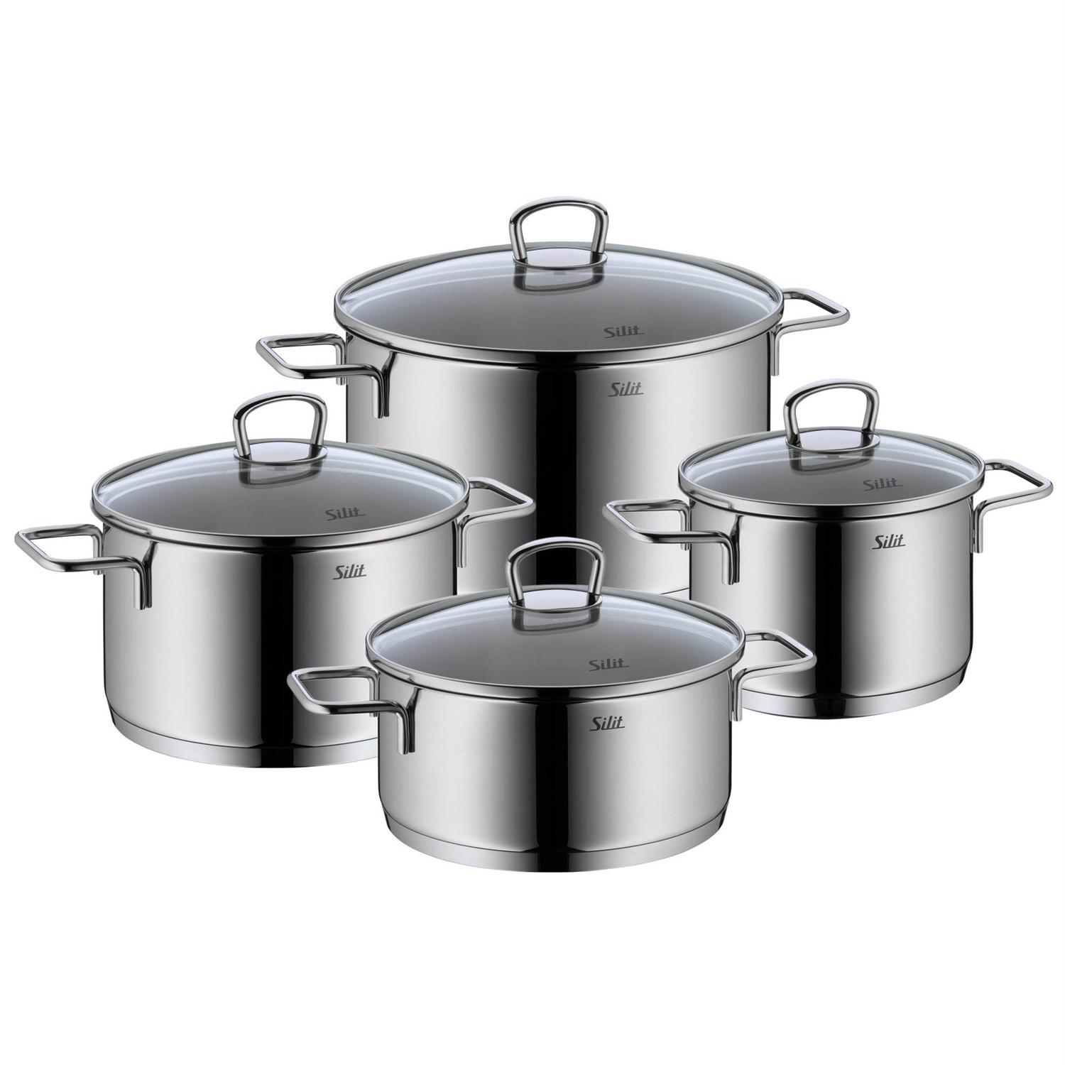 Silit Alicante Set di Pentole a Induzione 4 Pezzi in Acciaio Inox Lucidato con Coperchio in Vetro Trasparente