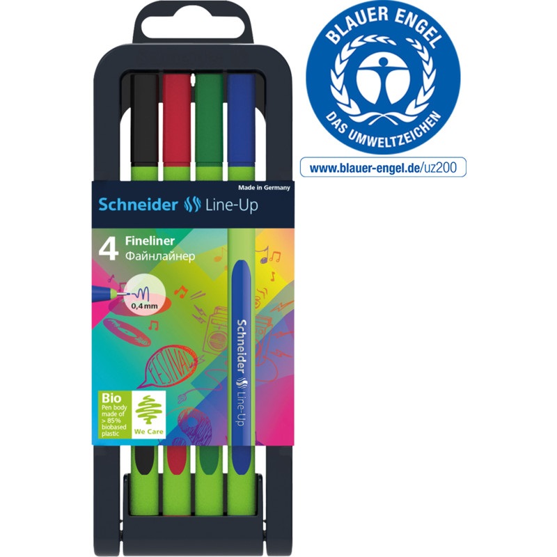 Schneider Fineliner Line-Up - Penna tecnica 0,4 mm con fusto triangolare in plastica bio, confezione da 4 colori assortiti